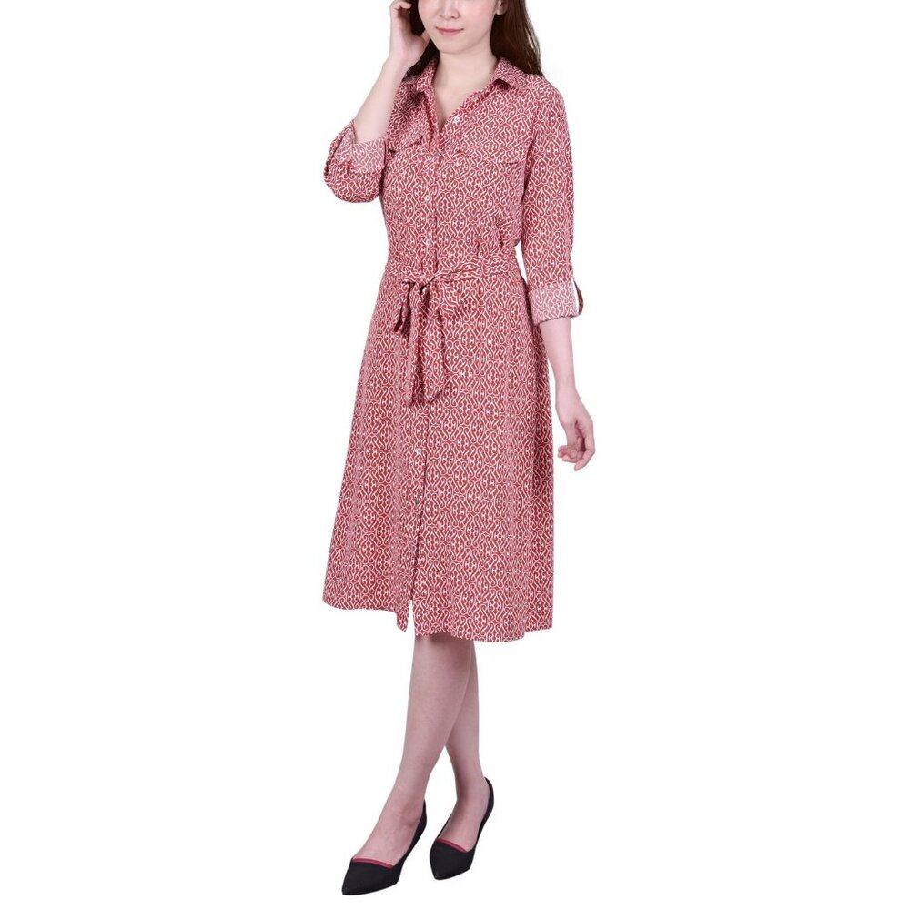 NY Collection 3/4 Roll Tab Sleeve Belted Shirtdress Size PS